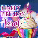 A festive animated GIF featuring a colorful cupcake with a single lit candle, sprinkles, and 'Happy Birthday Azriel' text against a sparkling, celebratory background.