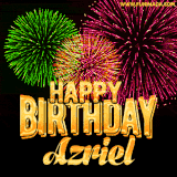 A captivating GIF with bursts of green, pink, and orange fireworks lighting up the night sky, accompanied by 'Happy Birthday Azriel' in glowing golden text.