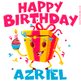 A funny animated birthday GIF with the words 'Happy Birthday Azriela', colorful gift box with arms and legs, holding a cupcake with a lit candle  with confetti everywhere.
