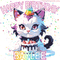 Cute cosmic cat with a birthday cake for Baylee surrounded by a shimmering array of rainbow stars