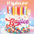 Personalized for Baylee elegant birthday cake adorned with rainbow sprinkles, colorful candles and glitter