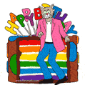 Happy Birthday! Dancing cat and rainbow birthday cake animated gif.