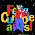 [¡Nuevo!] Imagen gif de cumpleaños bailando. Danza del gato de dibujos animados sobre fondo colorido.