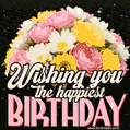 Pastel pink and yellow flowers on a dark background. Wishing you the happiest birthday.