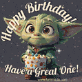 Baby Yoda birthday GIF sparkles with joy amid shimmering multicolor stars — celebrate enchantingly!