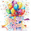Buntes Geburtstags-GIF: Luftballons, Geschenkbox und Sternenkonfetti zaubern festliche Freude