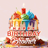 A Video featuring a layered cake with rainbow frosting and the text 'Happy Birthday Brother.'
