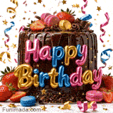 A dark chocolate birthday cake with a rich drip glaze is decorated with fresh strawberries, colorful French macarons, and vibrant metallic 3D bubble letters.