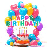 A decorated birthday cake with lit candles, surrounded by colorful heart-shaped balloons and 'HAPPY BIRTHDAY!' text.