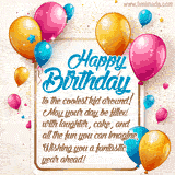 A greeting card with a golden frame with balloons and a quote saying Happy birthday to the coolest kid around.