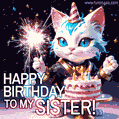Cute cosmic kitten with a magic wand and glitter overlay birthday GIF for sister