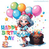 A cute girl in a blue dress celebrates her birthday with a cake, colorful balloons, and a small animal friend. This animated GIF is a fun and festive 'Happy Birthday' greeting.