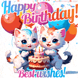 A cute, animated birthday card featuring two smiling cats standing behind a festive cake with three candles. The scene is decorated with balloons, confetti, and the greetings 'Happy Birthday!' and 'Best wishes!'.