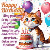 Happy Birthday animated card featuring a sweet cat, a cake with candles, and a beautiful message: 'May your day be as magical as you are, filled with laughter, joy, and endless surprises. Enjoy every moment!'.