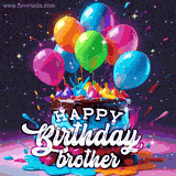 Happy birthday brother card with birthday cake, balloons, colorful particles and glitter.