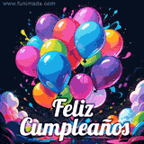 Globos de tonos vibrantes iluminados sobre un fondo oscuro con un efecto luminoso. El texto 'Feliz Cumpleaños' aparece en letras blancas brillantes en la parte inferior.