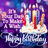 A festive cupcake with white frosting and sprinkles, topped with glowing gold, red, and blue candles against a sparkling purple background with the text Happy Birthday, It's Your Day To Make A Wish.