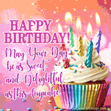 Animated birthday wish featuring a mouth-watering cupcake with glowing candles and confetti, with text reading May Your Day be as Sweet and Delightful as this Cupcake.