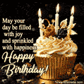 A cupcake in a golden cup, berries and three candles on top, text on the image says may your day be filled with joy and sprinkled with happiness.
