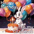 Cute bunny and a big birthday cake. Animated GIF for grandson.