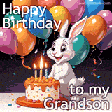A smiling white rabbit celebrates a birthday with a colorful cake and three burning candles. 'Happy Birthday to my Grandson' is written on the image, with festive balloons behind the bunny.
