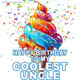 Vibrant animation for a cool uncle's birthday, A graphic-style ice cream cone is the centerpiece, surrounded by dynamic, colorful star confetti. The greeting says 'Happy Birthday to my Coolest Uncle!'.