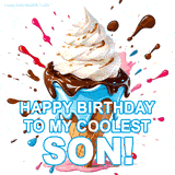 Chocolate ice cream cone with colorful splashes and a cheerful design.