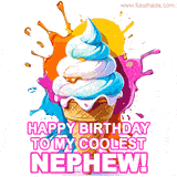 A dynamic ice cream cone in pink and white surrounded by confetti and vivid splashes.