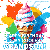 Vibrant animation for a cool grandson's birthday, A graphic-style ice cream cone is the centerpiece, surrounded by dynamic splashes of color. The greeting says 'Happy Birthday to my Coolest Grandson!'.