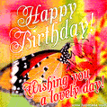 Charming butterfly on delicate blooms - Exquisite Happy Birthday GIF