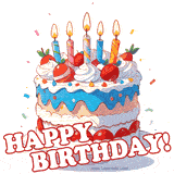 Greeting card with a drawing of a birthday cake topped with candles and raspberries.