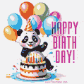 Dancing funny panda, happy birthday cake, balloons GIF