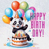A cheerful panda with colorful balloons and a birthday cake with lit candles, alongside bold 'HAPPY BIRTHDAY!' text.
