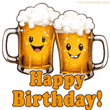 Two funny cartoon-style beer mugs with smiling faces and frothy tops, with bold 'HAPPY BIRTHDAY!' text.