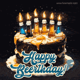 A chocolate birthday cake with candle-topped beer bottles, stylized text overlay reading 'Happy Beerthday!'