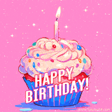 A cupcake in a blue cup with a candle on top and text happy birthday, pink background and glitter.