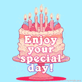 Birthday card with an illustration of a cake with candles and words Enjoy your special day.