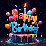 A vibrant, stylized birthday image with balloons and a cake. Text reads 'Happy Birthday.'