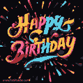 Happy birthday card featuring colored 3D typography and radiant multicolor particles on black background.