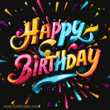 Colorful 3D typography happy birthday GIF and radiant multicolor particles on black background.