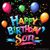 A lively 'Happy Birthday Son' message surrounded by vibrant balloons and colorful confetti in a celebratory scene.