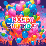 Lots of colorful balloons in the evening sky and silhouettes of people birthday card