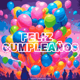 Montón de globos multicolores flotando sobre un paisaje vibrante al atardecer. Varias personas observan mientras el texto 'Feliz Cumpleaños' aparece en letras iluminadas.