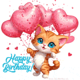 A cute ginger cat with a happy expression holds a string of shiny pink heart balloons. The background is white with falling heart confetti. A blue 'Happy Birthday!' greeting is at the bottom.