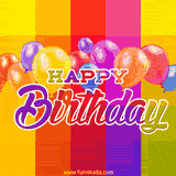 Animated greeting card, bright colors background and typography that says happy birthday.