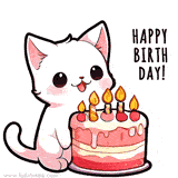 A cheerful animated GIF of a white kitten with wide eyes, sitting next to a pink and white birthday cake topped with lit candles and the text 'Happy Birthday'.