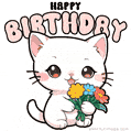 Cute kitten holding a bouquet of flowers and text that reads happy birthday.