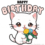 A cute white cat holding a colorful bouquet of flowers with the text 'Happy Birthday' in soft pink letters.