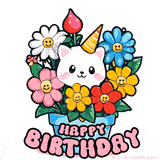 Cute cat sitting inside a bouquet of flowers, text reads happy birthday.