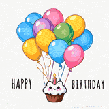 A sweet animated birthday card featuring a happy cupcake with one lit candle. Many colorful balloons are tied to it. The text 'HAPPY BIRTHDAY' is on a clean white background.